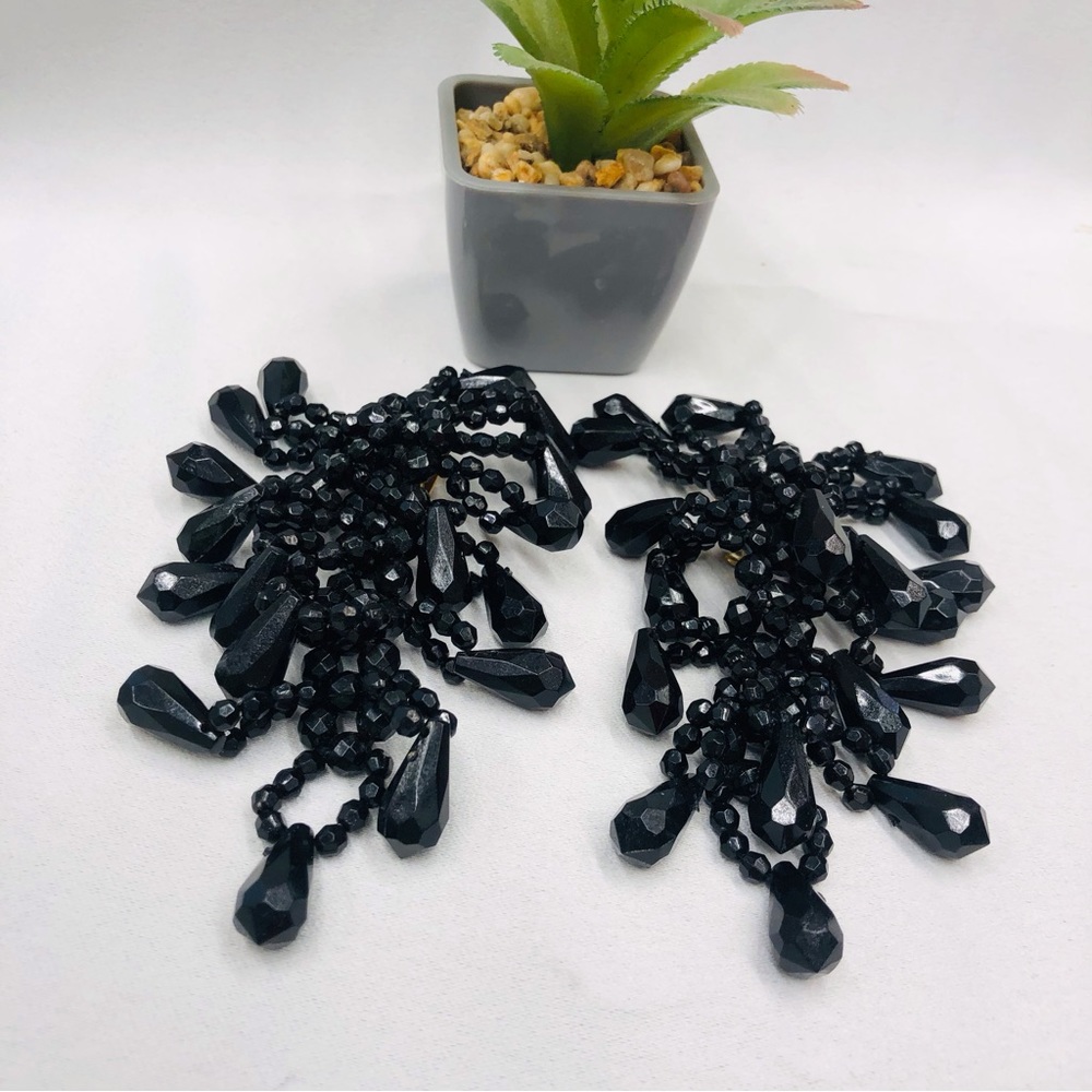 Black Beaded Clip On Dangle Earrings